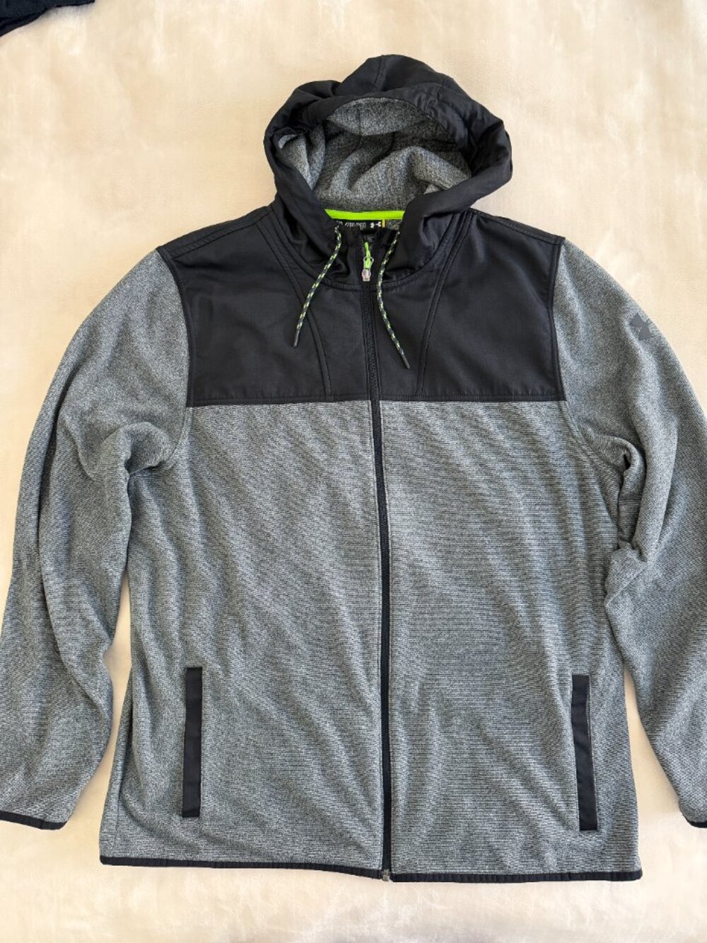 Under Armour Mens 2XL Gray Black Full Zip Hooded Fleece Jacket Loose Fit XXL
